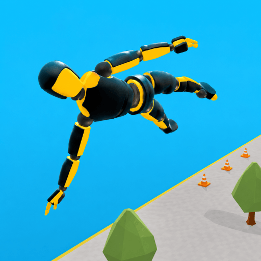 A ragdoll flying through the air after being launched in Awesome Dummy (viewed from below).