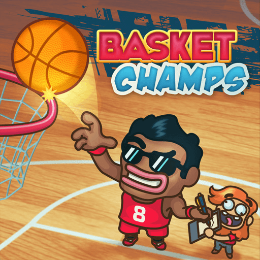 The basketball player is scoring despite the opposing player's attempts to stop him below in the Basketball Champs.