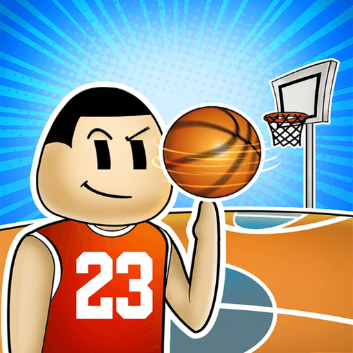The player wearing jersey number 23 is spinning the basketball with one finger in the background, behind the hoop, in Court Kings 3D.