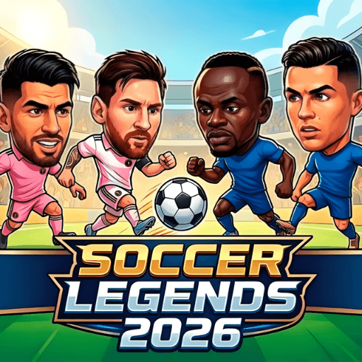 Cartoon versions of players like Messi, Kevin, Mbappé, and Ronaldo are battling for the ball in Soccer Legends 2026.